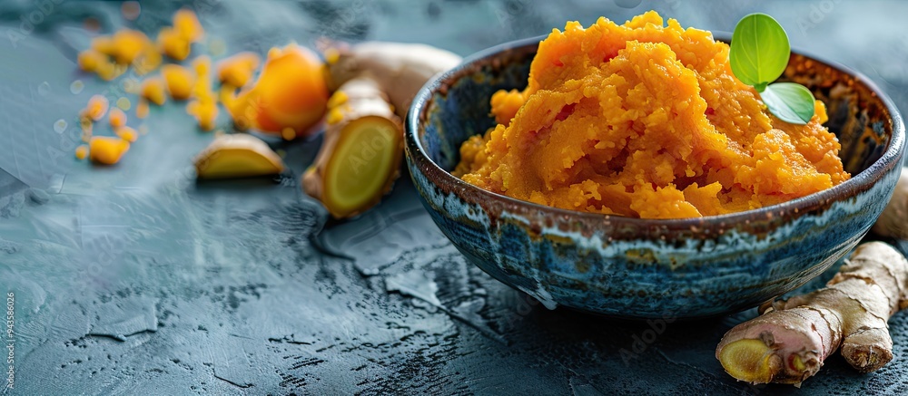 Poster Adrak paste in a bowl with fresh ginger on moody background with selective focus copy space image
