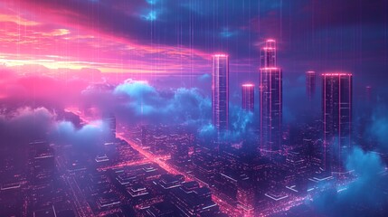 Fototapeta premium Neon Lit Futuristic Cityscape in a Digital Dream