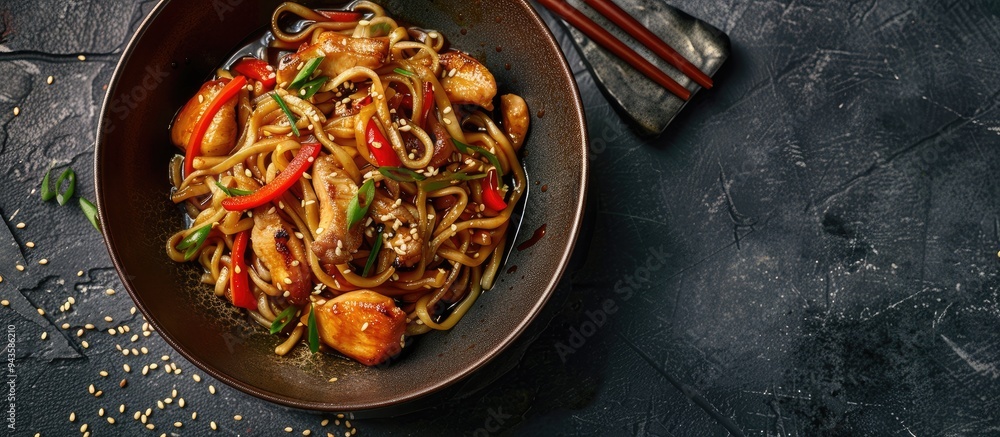 Poster copy space image of a bowl with udon stir fry noodles chicken and sesame on a dark stone surface