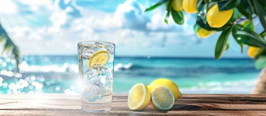 Wooden table with a glass of cold mineral water fresh lemons set against a blurred tropical beach and sky in the background providing copy space for food or beverage items - Powered by Adobe