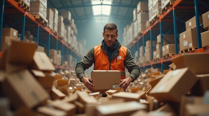 Warehouse Worker Using Tablet: Efficient Inventory Management in Modern Distribution Center with Stacked Boxes