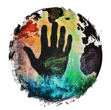 recommend clip art: Black handprint on a colorful globe, symbolizing humanity's impact on the planet, on a white background.