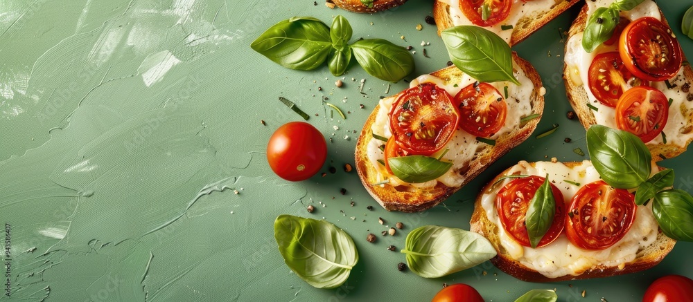 Fototapete Top down view of cheesy toast with tomatoes and basil on a green backdrop with room for text in the image. Creative banner. Copyspace image