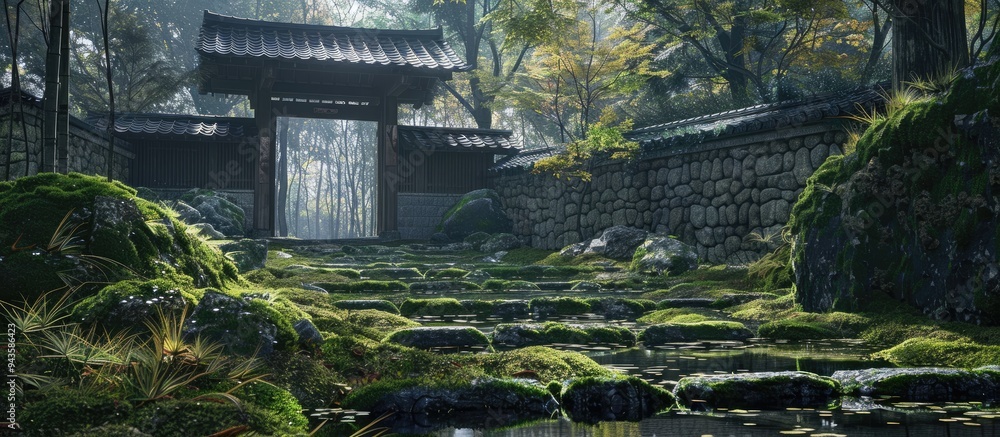 Poster Ancient Japanese building featuring moss covered stone walls in a serene setting with copy space image