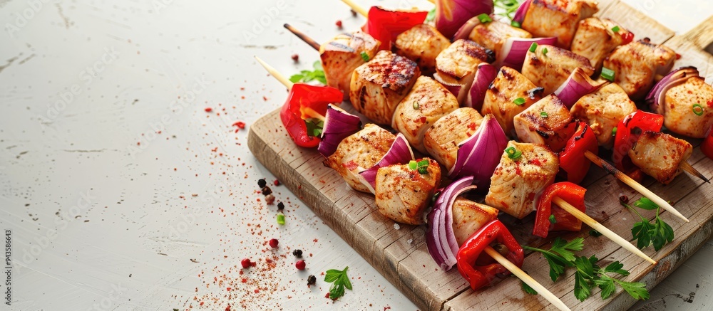 Poster Close up of chicken skewers with red bell peppers and onions on a wooden board with copy space image