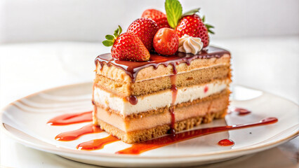 Slice of cake on a plate drizzled with syrup