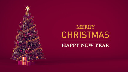 Merry Christmas background with Christmas tree and gift boxes, 3D rendering