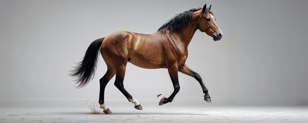 A brown horse is slowly walking on a white surface area