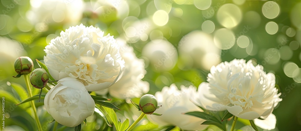 Fototapete Blooming white peonies close up in a spring garden with a green natural background creating a beautiful bokeh effect for a copy space image