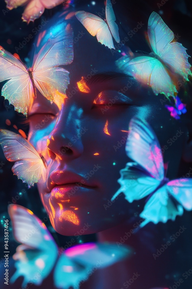 Poster vivid image of butterflies in colorful abstract setting.