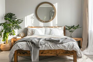  Scandinavian Style Bedroom with Grey Fabric Bed, Wooden Legs, White Linen Bedding, and Minimalist Decor Elements