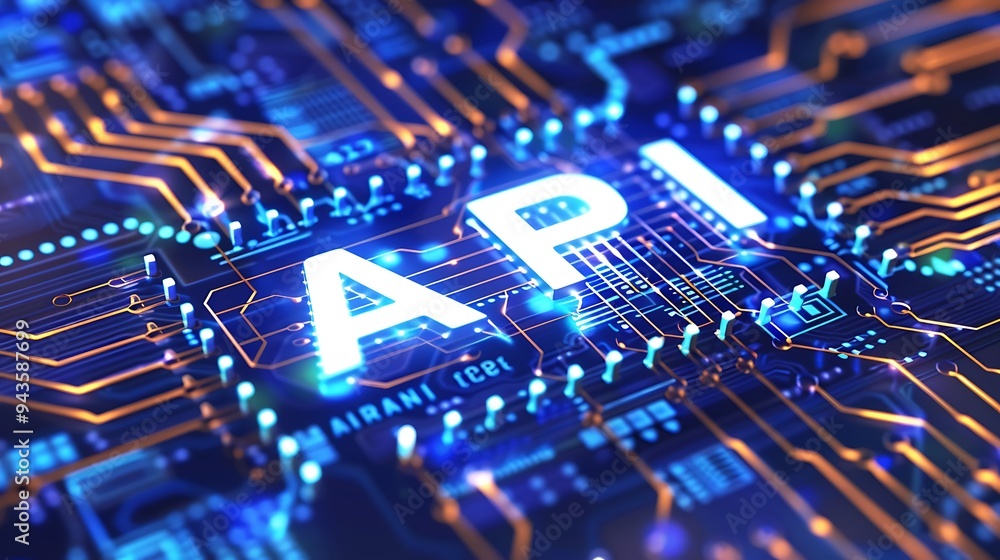 Poster api signage illuminating a complex circuit board design