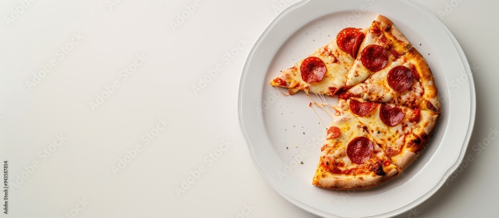 Poster pizza slice bitten in a white plate against a white backdrop with copy space image