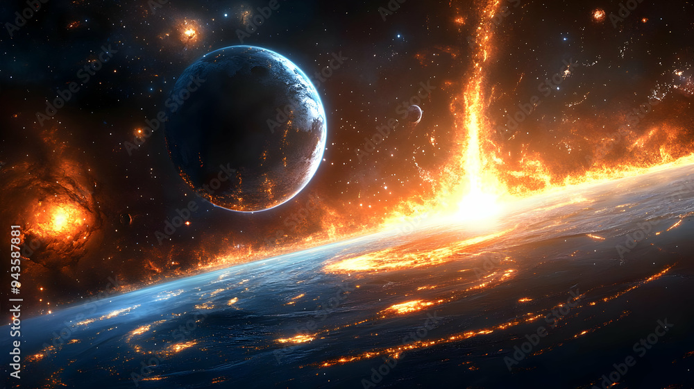 Poster a fiery explosion erupts on a planet with a second planet in the background.