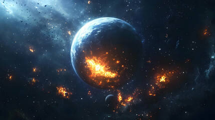 Obraz premium A fiery explosion erupts on a planet in space, with debris scattered around it.
