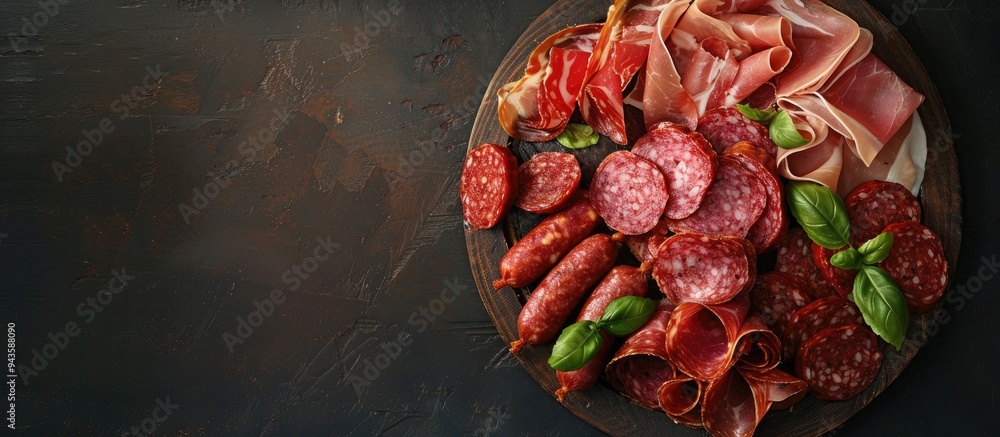 Poster A rustic top view image with a copy space background featuring a fresh assortment of salami prosciutto sausage and coppa on an appetizer plate