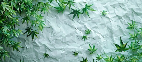 Japanese paper background featuring green maple leaves on top for a copy space image