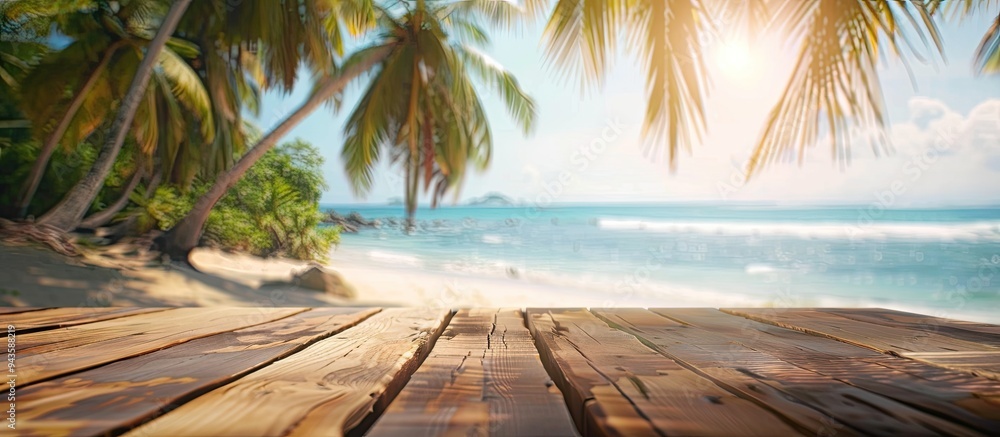 Poster Ideal for showcasing summer products a wooden table in the forefront against a blurred tropical beach backdrop with palm trees perfect for a copy space image