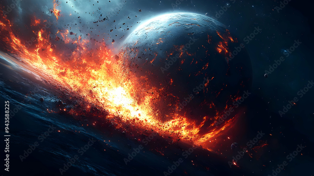 Poster a fiery explosion erupts on the surface of a planet in space, sending debris and flames across the c