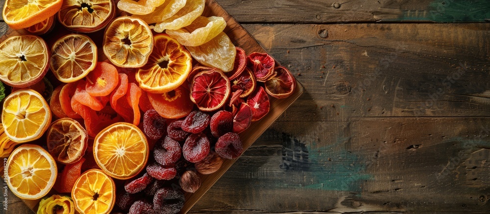 Poster various dried fruits displayed on a rustic wooden board with copy space image