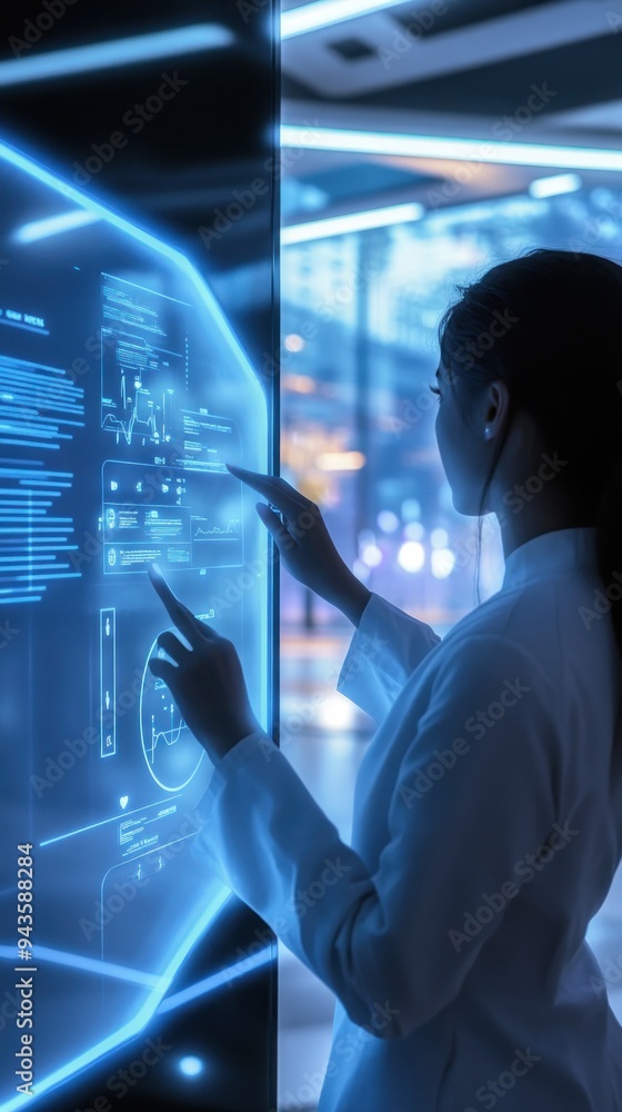 Poster professional accessing data on futuristic touch screen