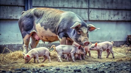Sow Pig Surrounded by Piglets on a Farm