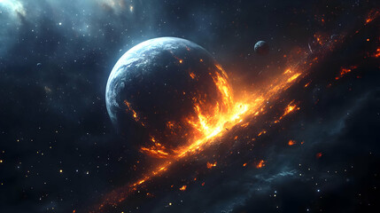 Obraz premium A fiery explosion erupts on the surface of a planet in space.
