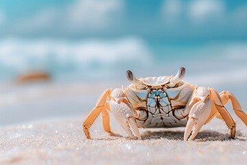 A detailed close-up of a sand crab on a sunny beach, highlighting its intricate shell and claws with the ocean in the background.