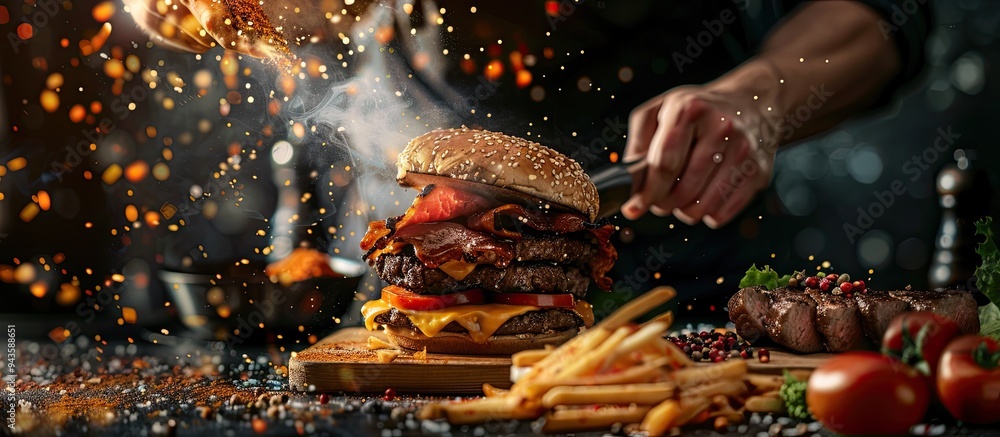 Poster photograph showcasing a table with a meat centric menu including steak burger fries and a double che