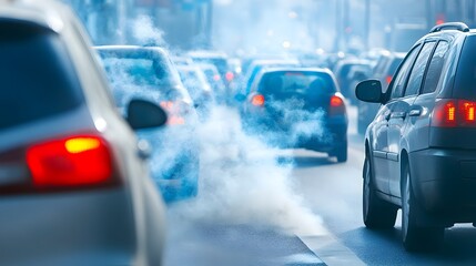 Exhaust Fumes Engulf Traffic Jam Highlighting Greenhouse Gas Emissions Crisis in Congested Urban Environments