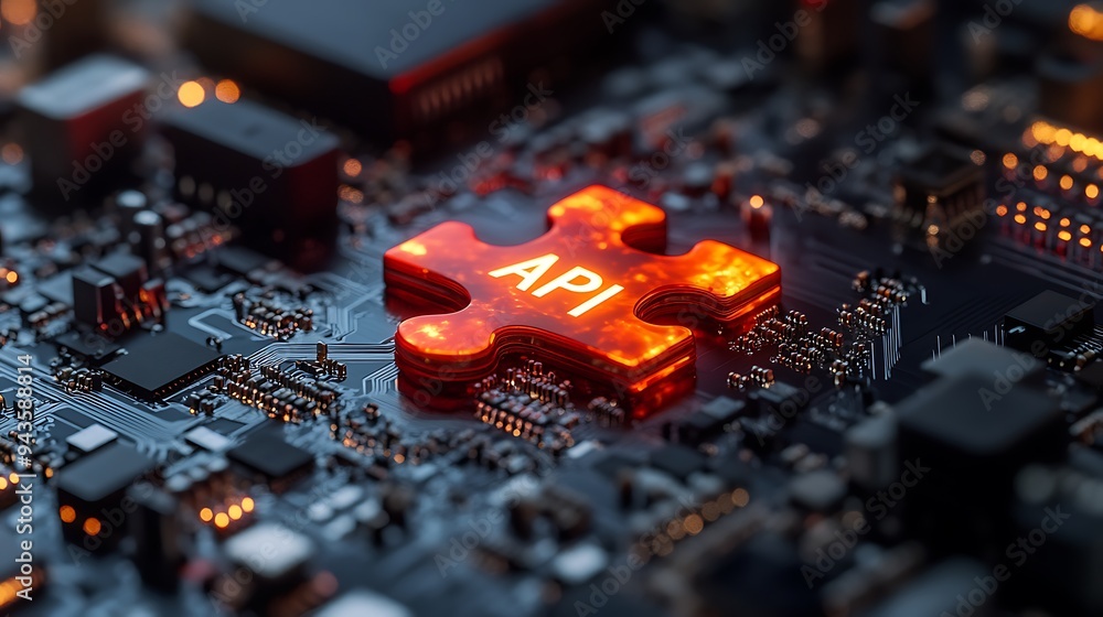 Poster vibrant api puzzle piece on a modern circuit board with glowing components