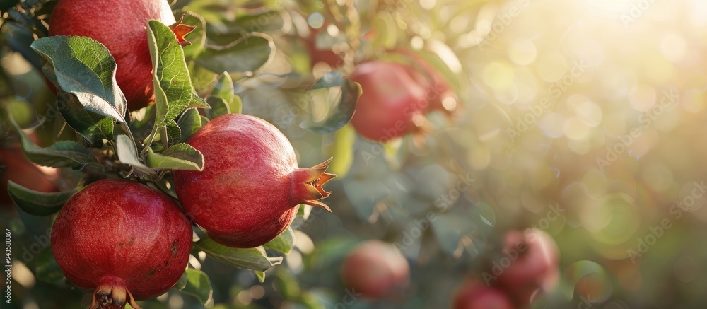 Poster Detailed close up of ripe red pomegranates on a tree branch at a Mediterranean farm offering a copy space image in the background