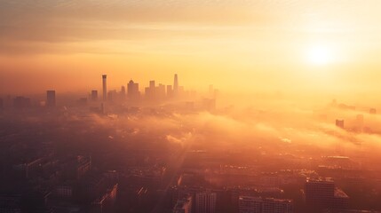 Fototapeta premium A photograph of a city covered in a dense haze from accumulated greenhouse gas emissions with space for environmental text or messaging The urban skyline is obscured by the smoggy atmosphere