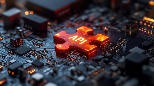 Vibrant API Puzzle Piece on a Modern Circuit Board with Glowing Components