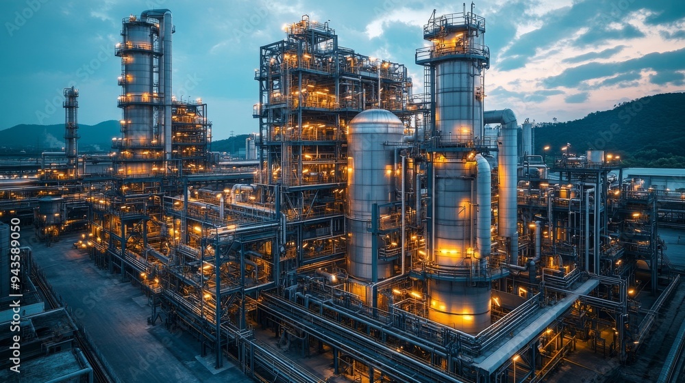 Poster a side-by-side overview of various carbon processing structures illuminated at twilight.