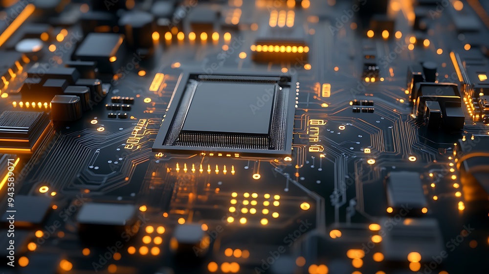 Poster close-up view of a modern circuit board with illuminated components