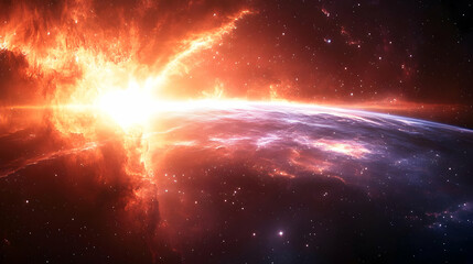 A fiery explosion in space illuminates a distant planet.