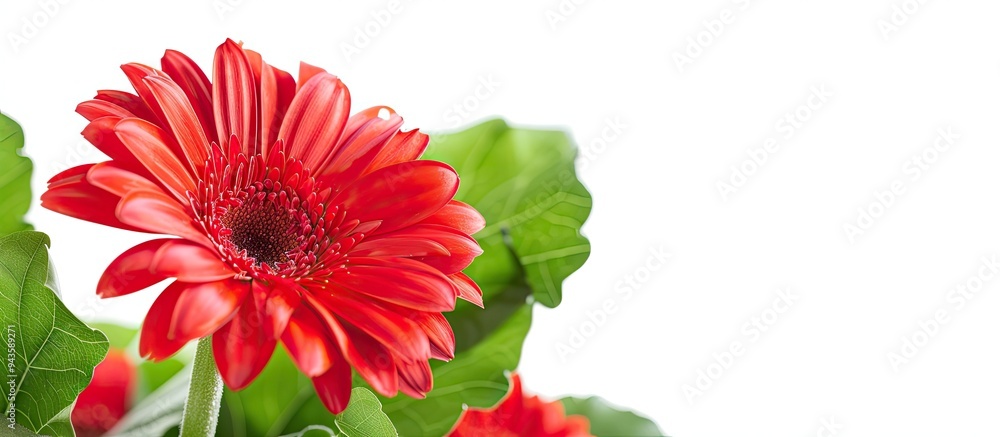 Poster close up shot of a red gerbera flower with green leaves in a studio setting featuring a white backgr