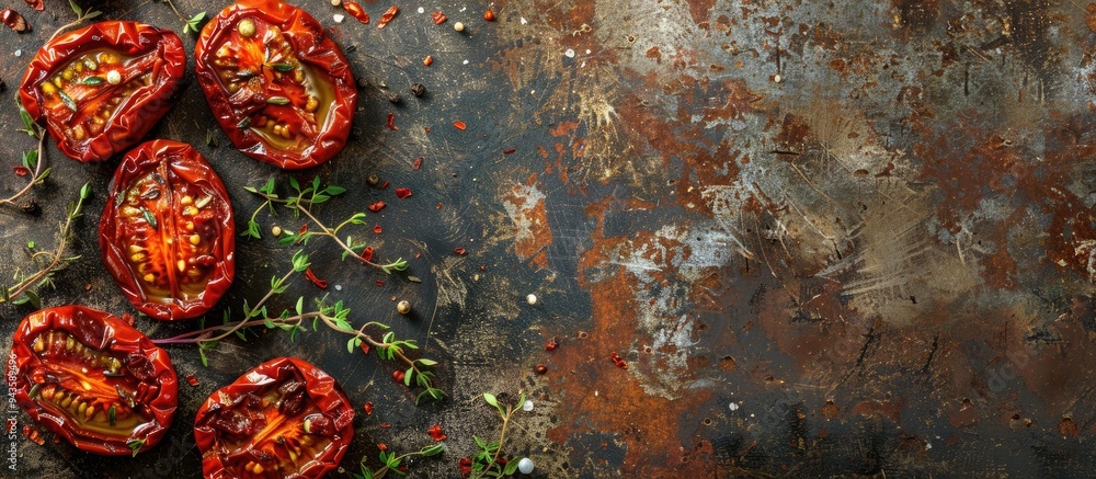 Poster top down view of sun dried tomatoes in olive oil seasoned with thyme and garlic placed on a rustic s