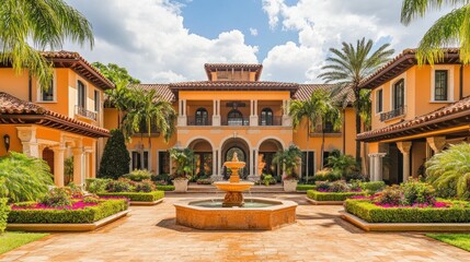 Obraz premium Luxury Mediterranean Mansion with Fountain Courtyard