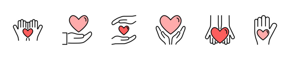 ハートと手のアイコンセット 編集可能　カラー
