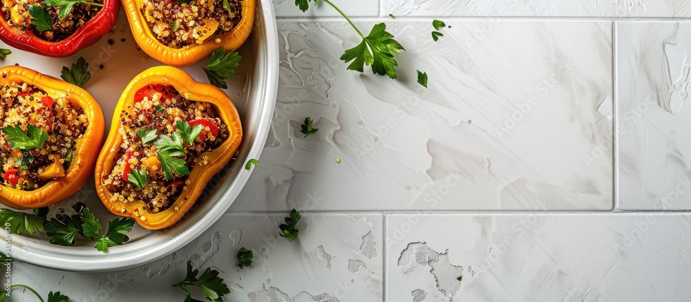 Aufkleber Close up of quinoa filled bell peppers and parsley arranged in a baking dish on a white table with a tiled surface offering space for text in the image. Creative banner. Copyspace image