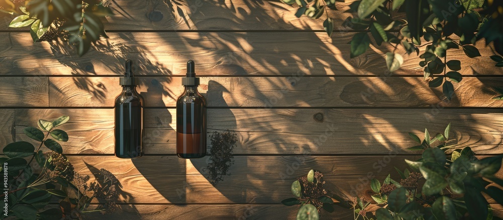 Poster herbal hair care products displayed beautifully on a wooden surface from above with ample empty spac