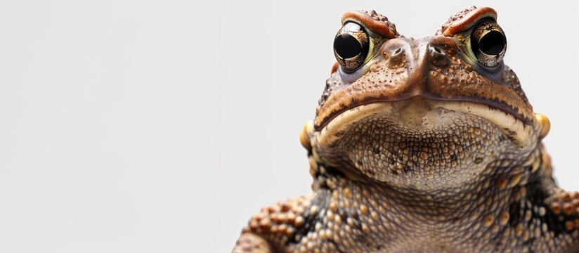 A big Cane toad with bright eyes sits at an angle facing the camera against a white backdrop with space for text or other images. Creative banner. Copyspace image