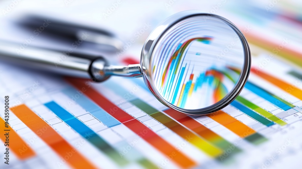 Poster close-up view of colorful financial data analysis with a magnifying glass on graphs and charts showi
