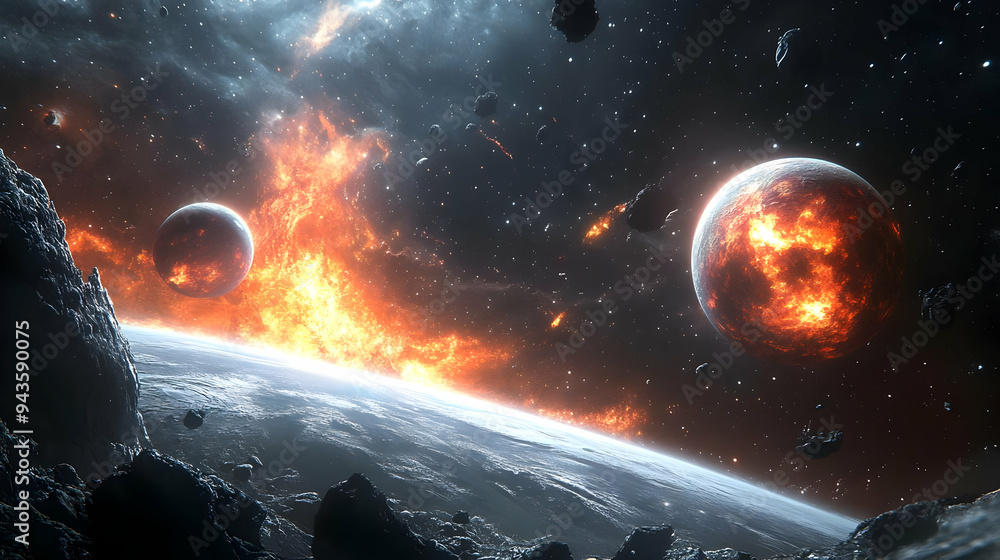 Poster a fiery explosion in space near a planet with a rocky surface.