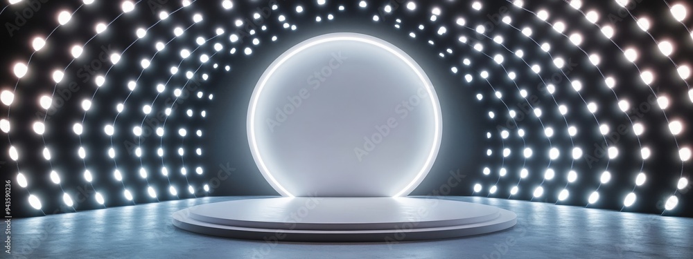 Poster a large white circle is lit up with bright lights. the circle is surrounded by a dark area, creating