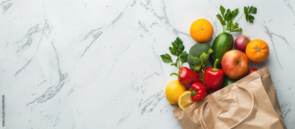 Aufkleber Fresh fruits and vegetables in a paper bag showcased on a white marble backdrop in a flat lay style perfect for adding text to the copy space image