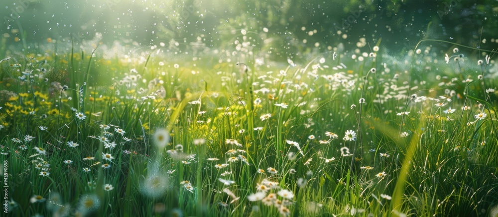 Aufkleber summer meadow with wildflowers and grass under sunlight creating a nature aesthetic with wild growth