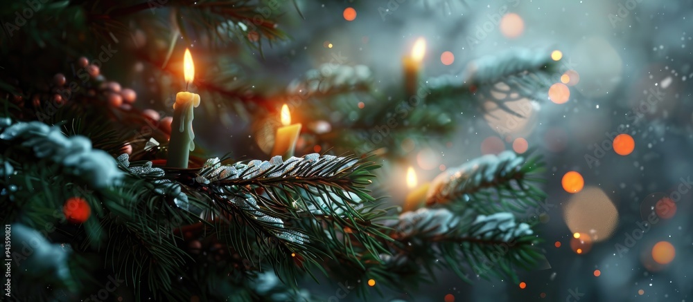 Poster festive layout on a christmas card featuring a fir branch adorned with candles along with room for t